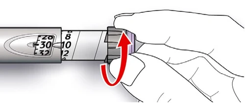 A hand rotating the dosage dial of an injection pen to the right, following a curved red arrow to adjust the dose