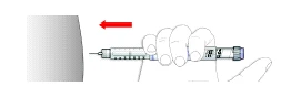 A hand holding a syringe horizontally toward a gray surface, with a red arrow indicating leftward movement