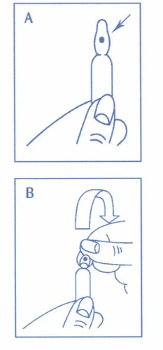 Diagramma medico in due parti che mostra una mano che tiene un dispositivo con una freccia che indica un punto e un secondo passaggio con un movimento curvo