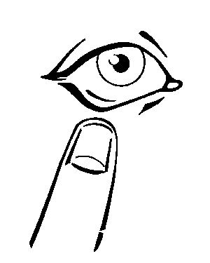 Disegno stilizzato in bianco e nero di un occhio umano sopra un dito indice puntato verso l'alto