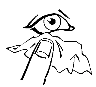 Disegno stilizzato in bianco e nero di un occhio sopra un dito che tocca una superficie irregolare o un tessuto morbido