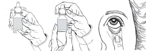 Black and white drawing showing hands shaking a bottle, holding it to administer drops, and applying the product to the