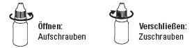 Diagram with two vials showing how to open by unscrewing the cap and how to close by screwing it back, with curved arrows indicating rotation