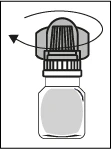 Dibujo esquemático de un frasco de medicamento con una flecha curva que indica el movimiento de giro del tapón superior