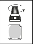 Dibujo esquemático de un frasco de medicamento con un tapón estriado y una flecha curva que indica el movimiento de rotación en sentido horario