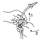 Disegno tecnico che mostra due passaggi numerati per l'inserimento di un dispositivo medico attraverso una mano che lo impugna con precisione