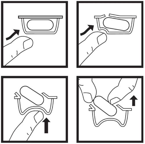 Four-step diagram showing how to press the side of a container to break it and then remove the capsule with fingers
