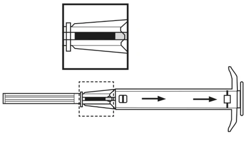 Diagramma tecnico di una siringa con frecce che indicano il movimento verso destra e un ingrandimento della punta con l'ago inserito