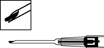 Diagramma tecnico che mostra un dettaglio di una punta acuminata e la sezione longitudinale di un dispositivo medico con strisce interne