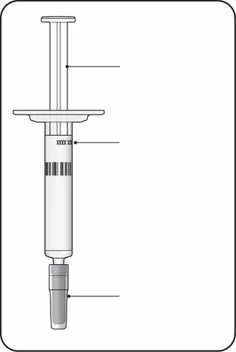 Technical diagram of a vertical syringe with reference lines indicating the plunger, the graduated barrel, and the base with the