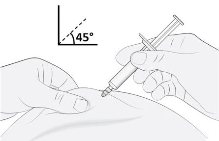 Technical drawing showing two hands injecting a drug with a syringe angled at 45 degrees to the body's skin