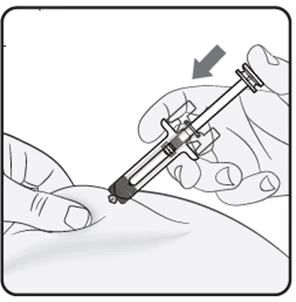 A hand holds an angled syringe injecting medication into the skin while the
