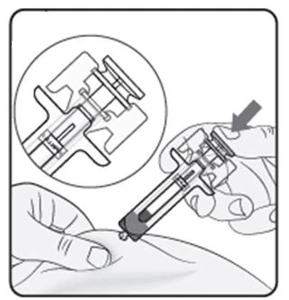 Technical drawing showing a hand holding a syringe to inject medication into the skin, with an enlargement of the tip mechanism