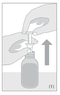 Two hands hold a syringe to draw liquid from a vial, with an arrow pointing towards the left