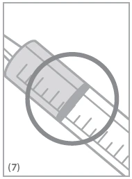 Close-up of a syringe with graduated scale, and a circle highlighting the measurement markings on the transparent cylinder