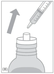 Technical illustration of a tilted syringe being lifted upward towards the right