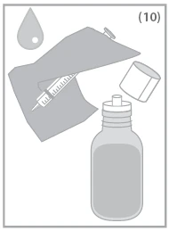 Syringe with needle aspirating liquid from an open vial, cap beside it, a droplet in the upper left corner, and the number 10 in the upper right corner