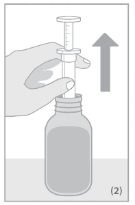 A hand holds a syringe inserted into a medicine vial, with an arrow pointing towards the left