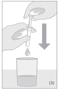 Two hands press the plunger of a syringe downward to release a drop of liquid into a glass filled with water