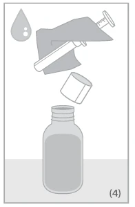 Technical drawing showing a syringe drawing liquid from an open vial, with a droplet in the upper left corner
