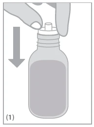 A hand presses the cap of a medicine vial downward, indicated by a gray arrow pointing down next to the container