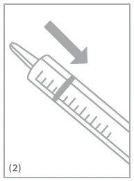 Technical drawing of a tilted syringe with a gray arrow pointing to the upper part of the device's body