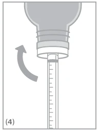 Technical illustration showing a syringe with a curved arrow indicating rotational movement towards the left