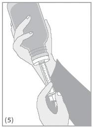 Two hands drawing liquid from a vial using a syringe with a needle inserted into the neck of the container