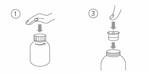 Diagram with two steps: a hand pressing a cap onto a vial and a hand placing a device onto another vial