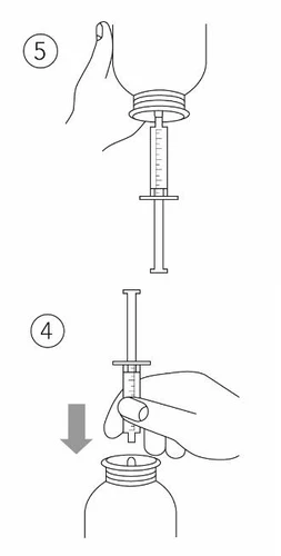 Medical diagram with two steps: a hand pushing the syringe plunger into a vial and the