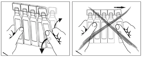 Technical drawing showing two hands correctly separating a vial from a group of bottles