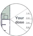 Detalle circular de una jeringa con líquido gris que alcanza la marca de 2 ml indicada por la leyenda 'Your dose'