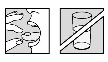 Profilo di una persona che inserisce una compressa in bocca accanto a un bicchiere d'acqua sbarrato da una linea diagonale