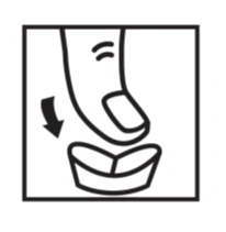 Stylized black and white drawing showing a hand pressing downward with the thumb on the lid of an open container