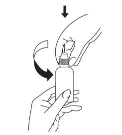 Line drawing showing two hands manipulating a bottle with an arrow indicating the downward twisting motion of the cap