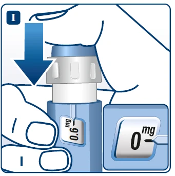 Ilustración médica que muestra una flecha azul dirigida hacia abajo sobre un dispositivo de inyección azul con una pantalla que indica 0 mg