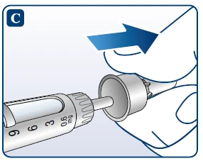 Ilustración médica que muestra una jeringa con dosis de 0,6 mg que se inserta en un dispositivo de aplicación mediante una flecha azul hacia la derecha