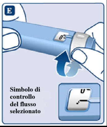 Dos manos sostienen un dispositivo médico azul y giran la parte terminal con una flecha azul, mostrando el símbolo de control de flujo 0