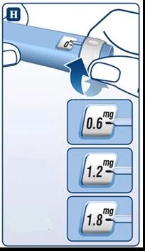 Dos manos giran la parte superior de un dispositivo médico azul junto a tres recuadros que muestran las dosis 0,6 mg, 1,2 mg y 1,8 mg