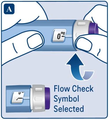 Two hands holding a blue medical device with a digital display reading 0 mg and a curved arrow pointing to the selected Flow Check symbol