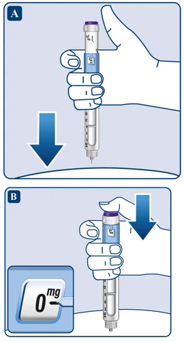 Medical illustration divided into two parts showing a hand holding an injection pen downward and the display showing dose 0 mg