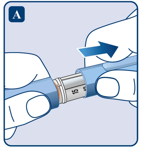 Two hands gripping and separating a cylindrical blue and white medical device indicated by the letter A in the upper left