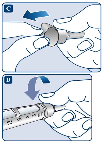 Two illustrations show hands removing a cap from a syringe and then rotating the top part to prepare the