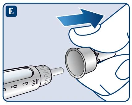 A hand slides the protective cap to the right on a graduated syringe marked 0.6 mg to reveal the