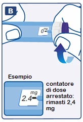 Illustrazione medica che mostra due mani che tengono un dispositivo con un contatore di dose che indica 0 mg e un esempio con 2,4 mg rimasti