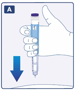 Una mano impugna una penna iniettiva verticale con una freccia blu rivolta verso il basso che indica la direzione dell'iniezione verso la pelle