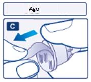Illustrazione medica con la scritta Ago in alto e una freccia blu che indica il movimento di rimozione di un tappo da un dispositivo medico