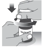 Two hands hold a medical vial while a downward arrow and a circular arrow indicate the motion of pressing and twisting the cap