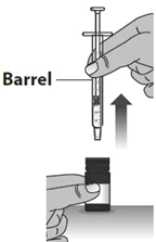 One hand holding a syringe with the word Barrel and an arrow pointing toward the