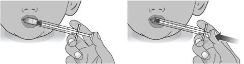 Two illustrations showing a hand inserting a syringe into a child's mouth to administer liquid medication